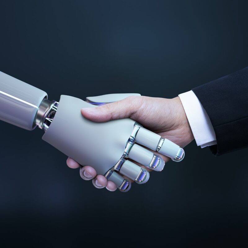 Business hand robot handshake, artificial intelligence digital transformation