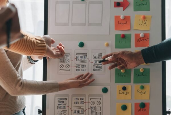 Close up ux developer and ui designer brainstorming about mobile app interface wireframe design on